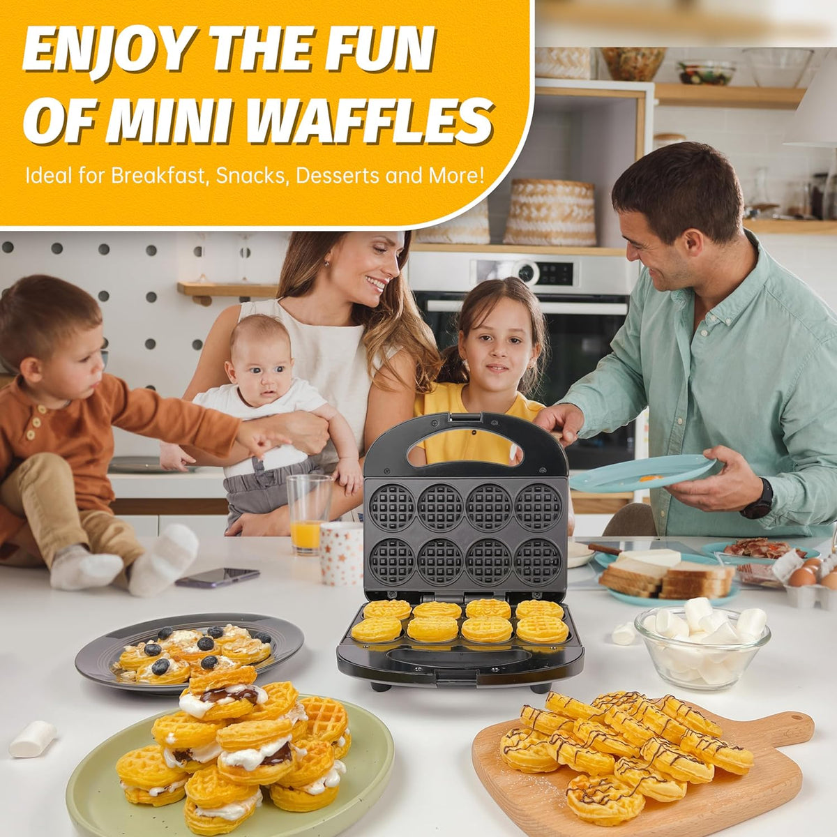 Belro mini waffle maker for home and kitchen, compact appliance with non-stick surface and ready indicator lights.