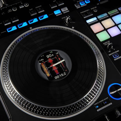 Casavibeo Pioneer DJ DDJ-REV7 DJ controller with jog wheels, mixer controls, and colorful LED lighting for professional DJ mixing.