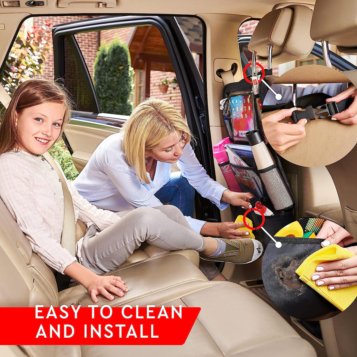 Belro 2-pack car backseat organizers for sports and outdoor gear storage, with multiple pockets and adjustable straps.