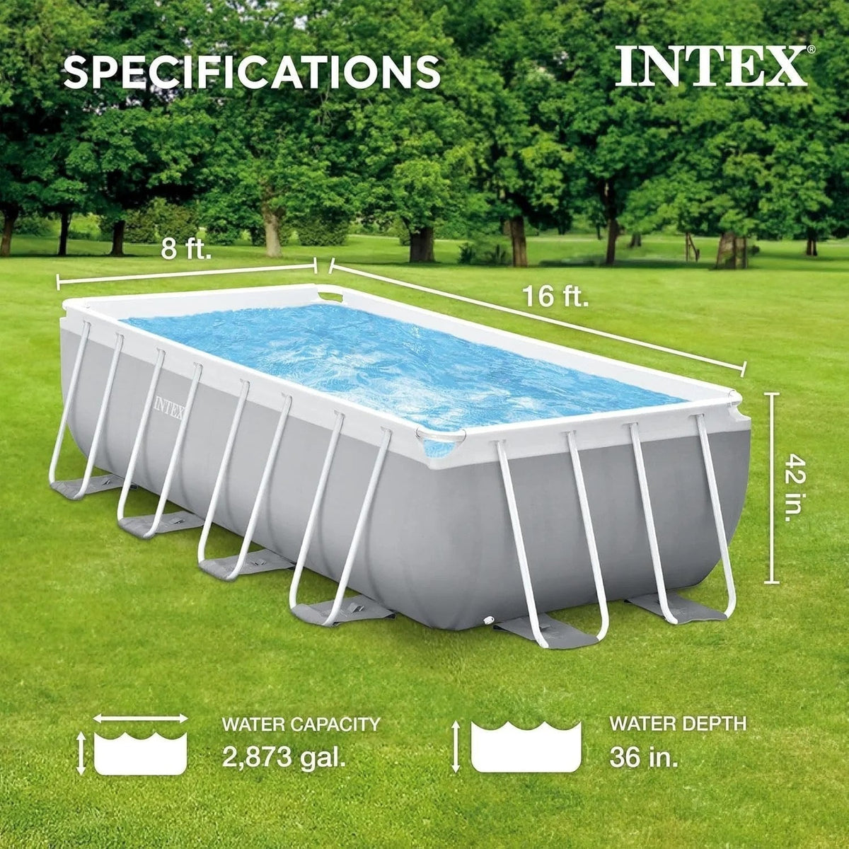 Casavibeo Intex Prism Frame 16x8 ft rectangular above ground pool set with sturdy frame and clear water, ready for summer fun.