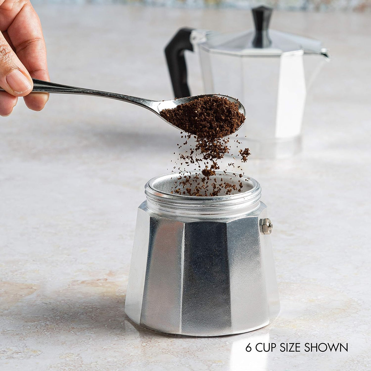 Belro classic stovetop espresso and coffee maker, Moka pot for Italian and Cuban café brewing, stainless steel design, compact and durable.