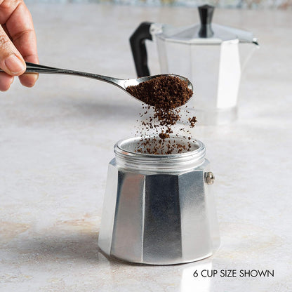 Belro classic stovetop espresso and coffee maker, Moka pot for Italian and Cuban café brewing, stainless steel design, compact and durable.