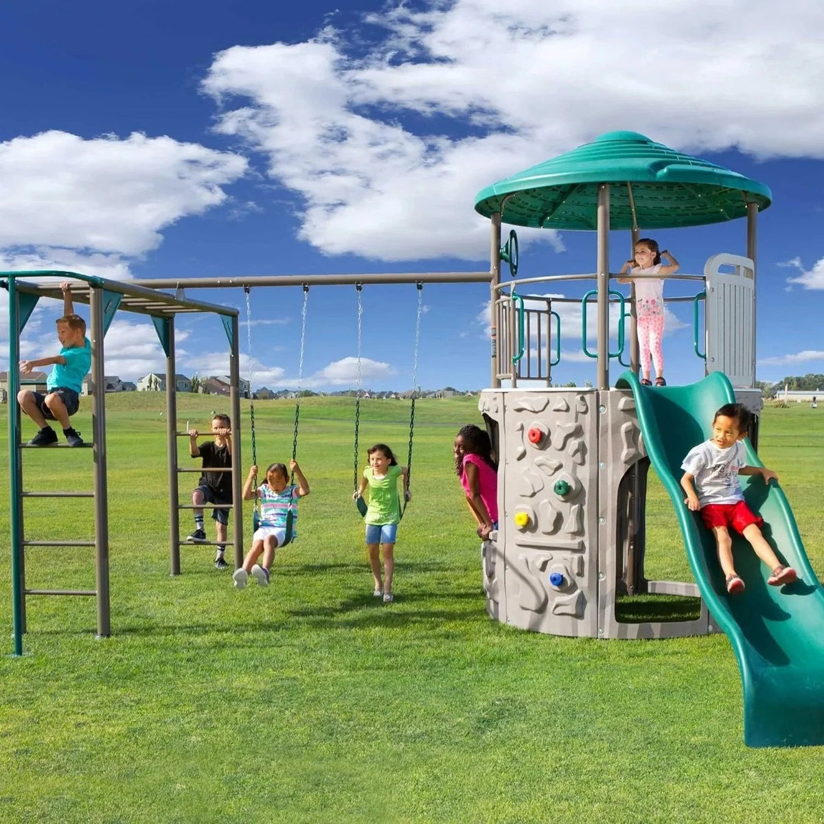 Casavibeo Lifetime Adventure Tower Deluxe Playset with slides, swings, and climbing elements for outdoor kids' play area