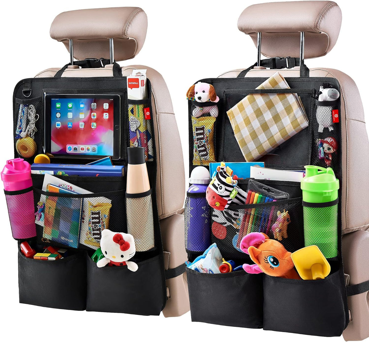 Belro 2-pack car backseat organizers with multiple pockets for sports and outdoor gear, attached to car seats for easy access.