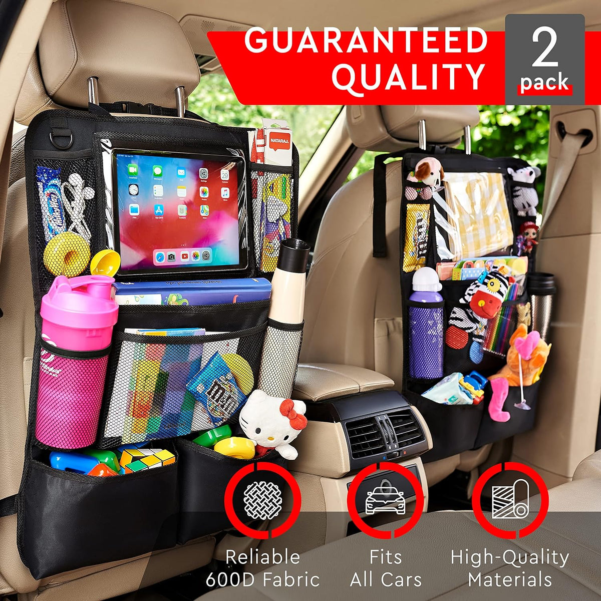 Belro 2-pack car backseat organizers with multiple pockets for sports and outdoor gear, keeping your vehicle tidy and organized.