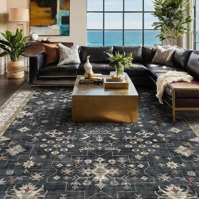 Black farmhouse 8x10 washable area rug by Casavibeo, stain-resistant, non-slip, ideal for living rooms, bedrooms, and dining areas