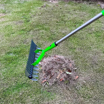 Belro men's long reach thatch rake with sturdy handle for removing dead grass and thatch from lawns.