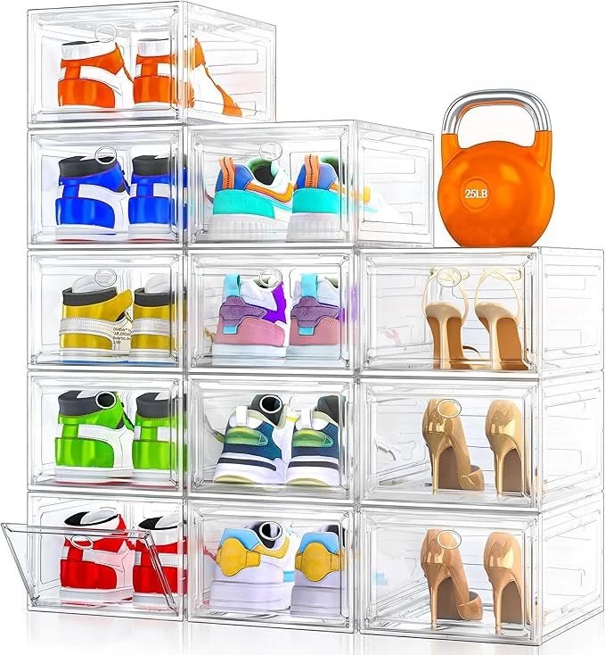 Set of 12 clear plastic shoe storage organizers with magnetic doors, stackable and foldable for sneakers, boots, and heels in a closet.