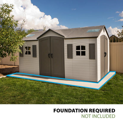 Casavibeo Lifetime 60079 outdoor storage shed, 15 ft. by 8 ft., with dual-entry doors in desert sand color, weather-resistant design.