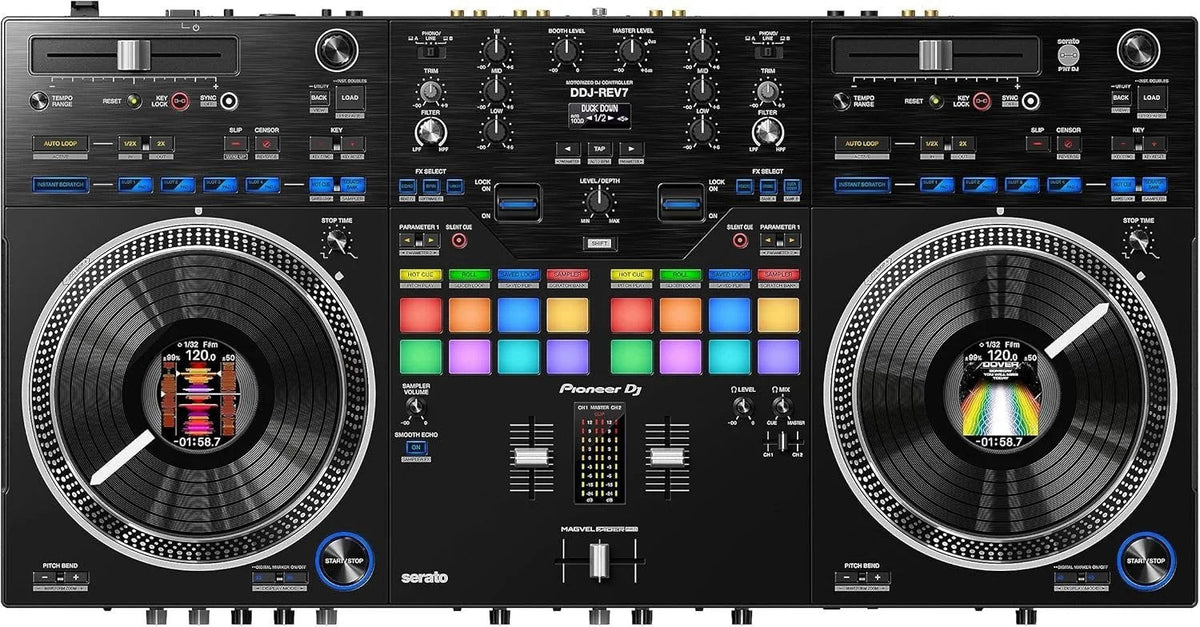 Casavibeo Pioneer DJ DDJ-REV7 DJ controller with jog wheels, control knobs, and performance pads for professional DJ mixing.