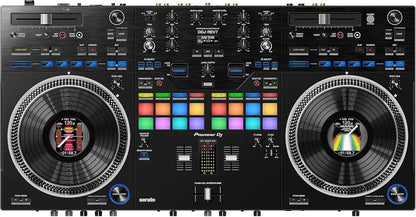 Casavibeo Pioneer DJ DDJ-REV7 DJ controller with jog wheels, mixer knobs, and performance pads on a sleek black surface.