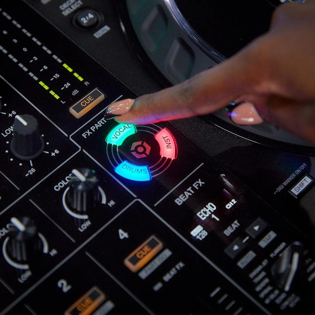 Pioneer DJ DDJ-FLX10 4-channel DJ controller with jog wheels, faders, and control pads for professional mixing.