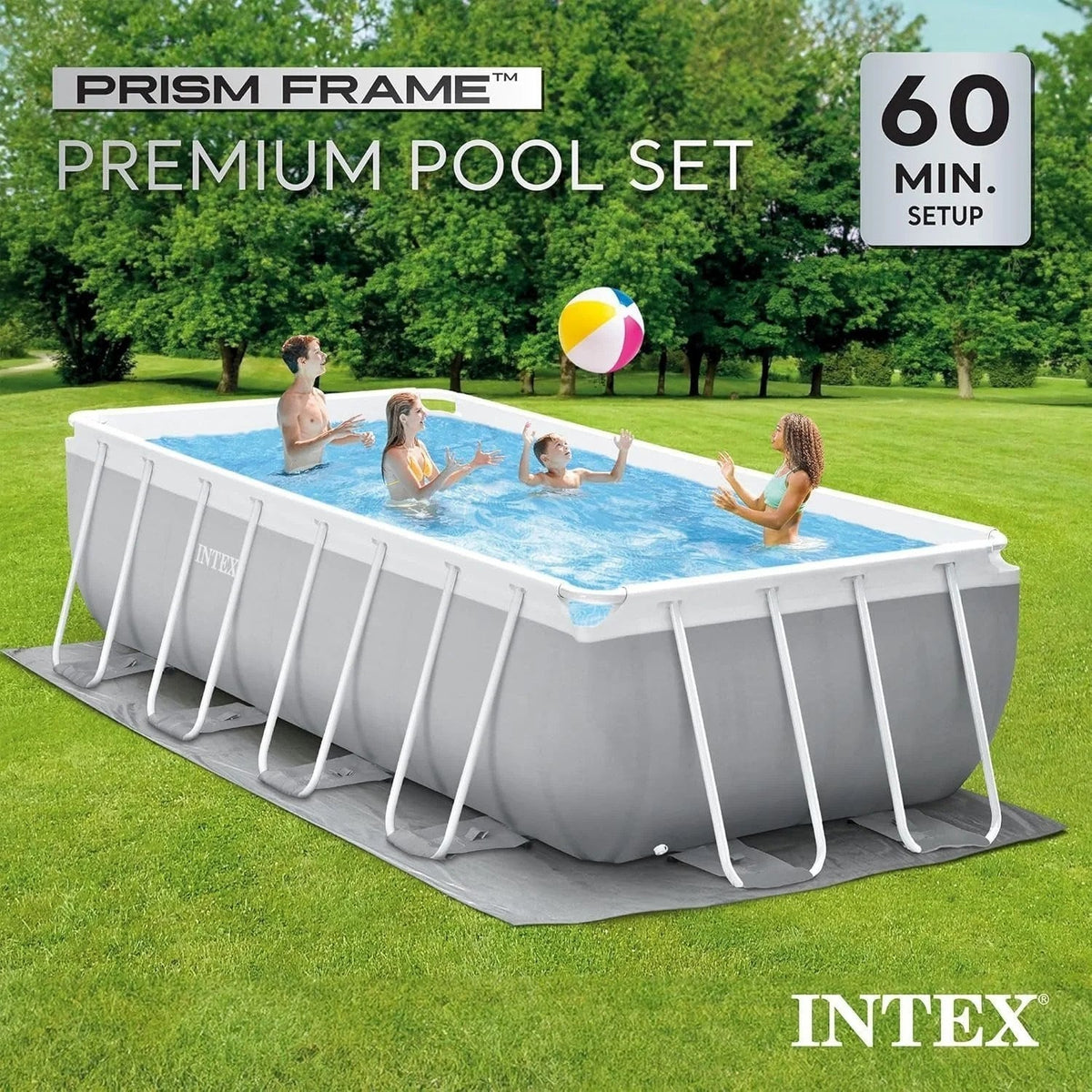 Casavibeo Intex Prism Frame 16x8x42 feet rectangular above ground pool set with sturdy metal frame and blue liner.