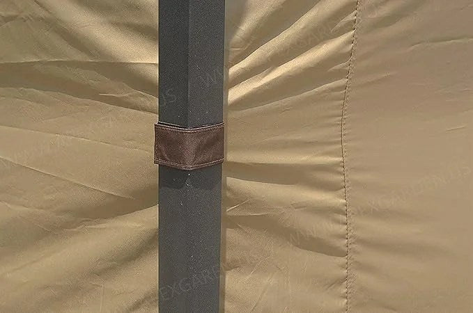Casavibeo APEX GARDEN beige four-side privacy curtain set for 10x12-ft gazebo, shown hanging on a garden gazebo.