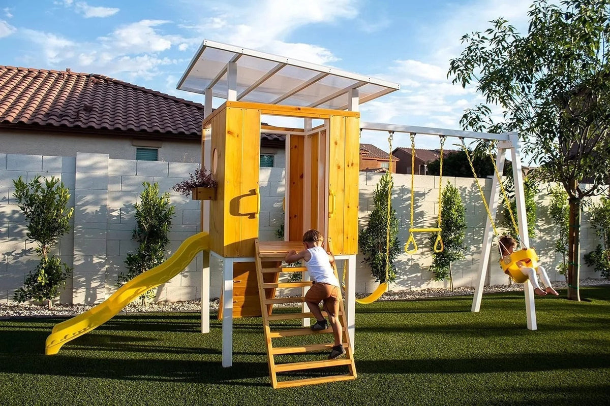 Casavibeo Avenlur Forest outdoor backyard swing set with multiple seats and safety chains, designed for family outdoor fun.