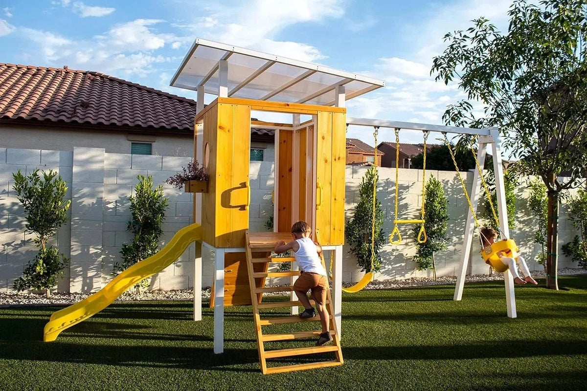 Casavibeo Avenlur Forest modern backyard outdoor swing set with two swings and a sturdy frame in a lush outdoor setting