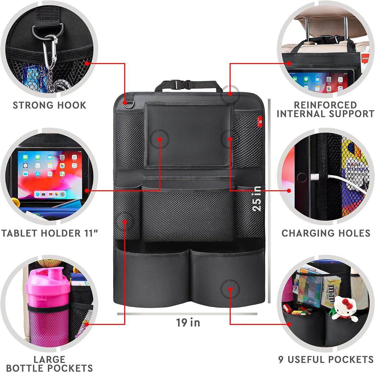 Belro 2-pack car backseat organizers with multiple compartments for sports and outdoor gear, hanging on vehicle seats.