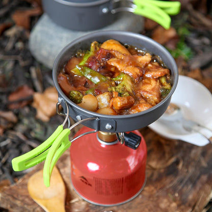 Belro camping cookware set with pots and pans for backpacking, includes multiple pieces for outdoor kitchen cooking.