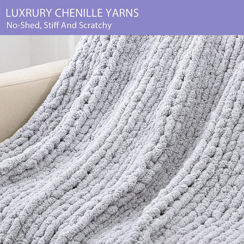 Belro chunky chenille knitted blanket with thick cable knit pattern, cozy throw for couch or bed, in soft neutral tones