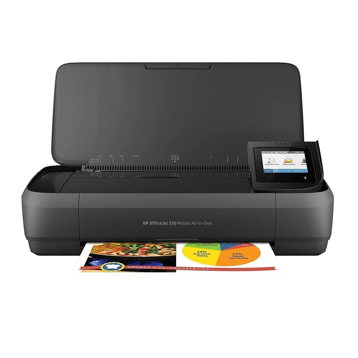 Casavibeo HP OfficeJet 250 mobile all-in-one printer with display screen and paper tray, compact and portable design.