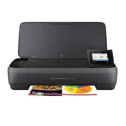 Casavibeo HP OfficeJet 250 mobile all-in-one printer with display screen and paper tray, compact and portable design.