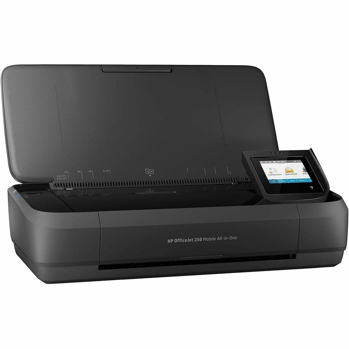 Casavibeo HP OfficeJet 250 mobile all-in-one printer with compact design, showing the front view with paper and control panel.