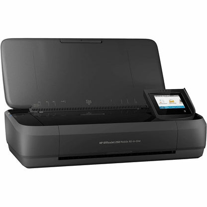 Casavibeo HP OfficeJet 250 mobile all-in-one printer with compact design, showing the front view with paper and control panel.