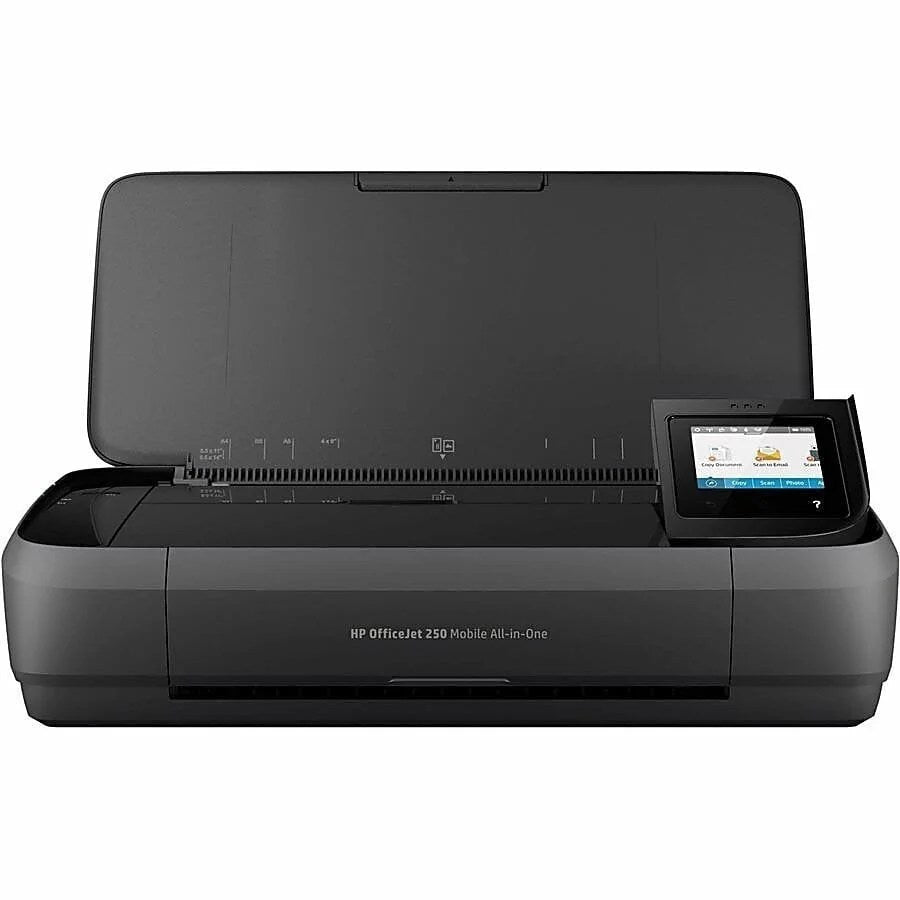 Casavibeo HP OfficeJet 250 mobile all-in-one printer with compact design, featuring a color touchscreen and paper tray.