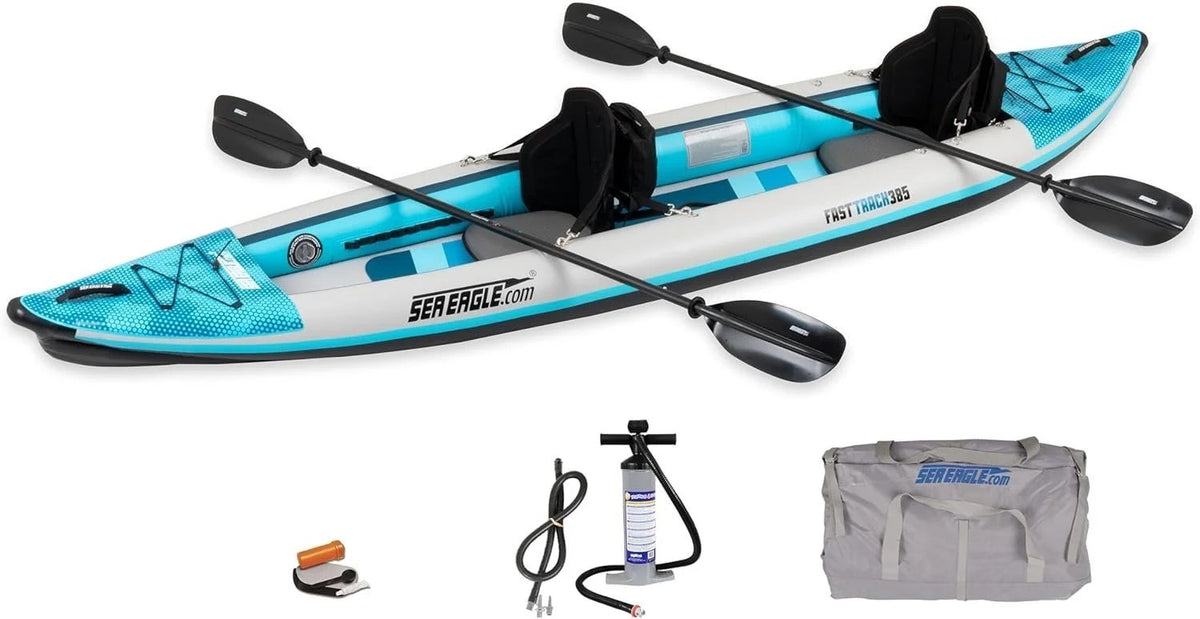 Casavibeo Sea Eagle 385ft FastTrack V-bottom inflatable kayak on water, showing its sleek design and sturdy construction.