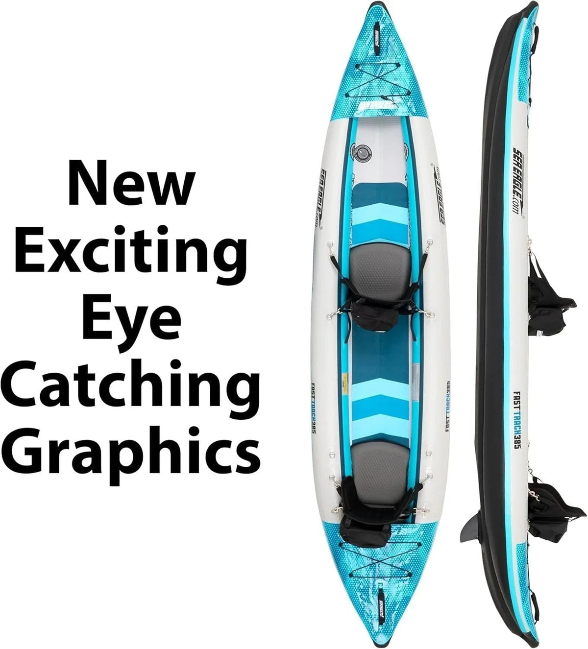 Casavibeo Sea Eagle 385ft FastTrack V-bottom inflatable kayak with paddles on water, showcasing its sleek design and stability.