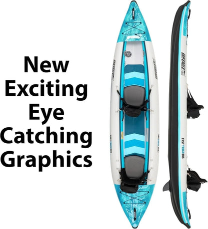 Casavibeo Sea Eagle 385ft FastTrack V-bottom inflatable kayak with paddles on water, showcasing its sleek design and stability.