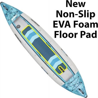 Casavibeo Sea Eagle 385ft FastTrack V-bottom inflatable kayak on water, showing its durable construction and V-shaped hull design.