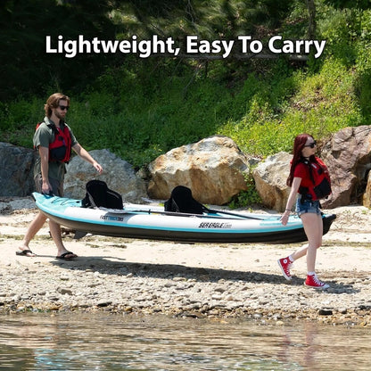 Casavibeo Sea Eagle 385ft FastTrack V-bottom inflatable kayak shown in the image, featuring bright orange color and durable construction.