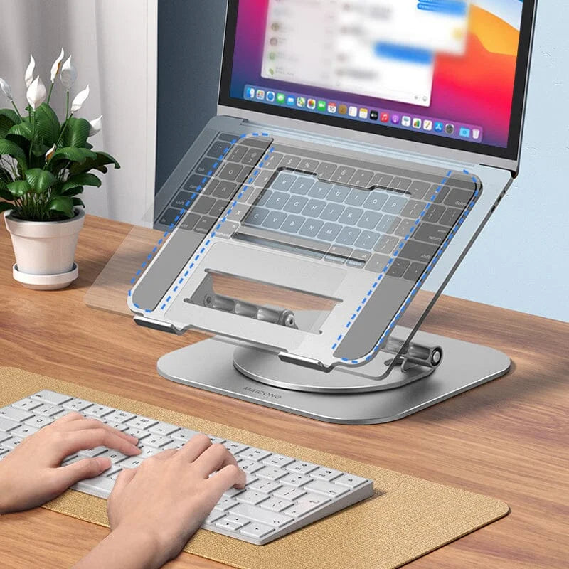 Belro aluminum alloy laptop stand with 360-degree rotating bracket, adjustable for ergonomic computer positioning.