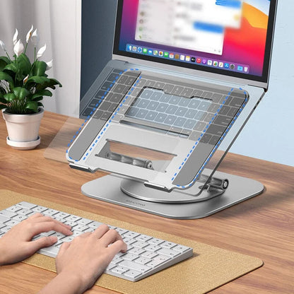 Belro aluminum alloy laptop stand with 360-degree rotating bracket, adjustable for ergonomic computer positioning.