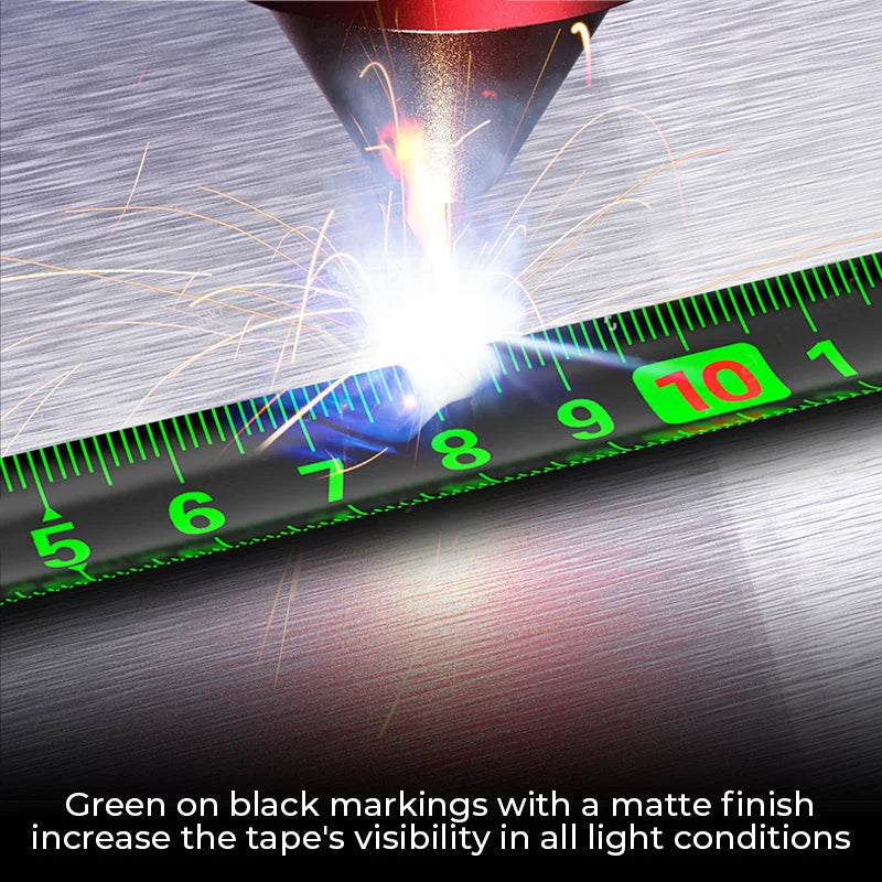 Belro fluorescent steel tape measure with yellow and black casing, extended to show measurement markings on a white background.