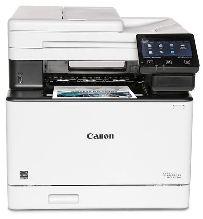 Canon imageCLASS MF753Cdw wireless color laser printer with control panel and paper tray, ideal for office use.