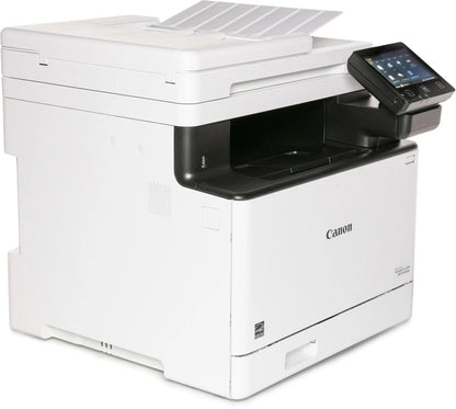 Canon imageCLASS MF753Cdw wireless color laser printer with multiple paper trays and control panel, displayed on a clean office desk.