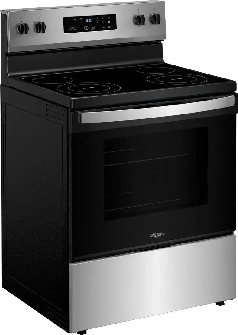 Whirlpool electric range with black cooktop and stainless steel oven, featuring control knobs and multiple burners.