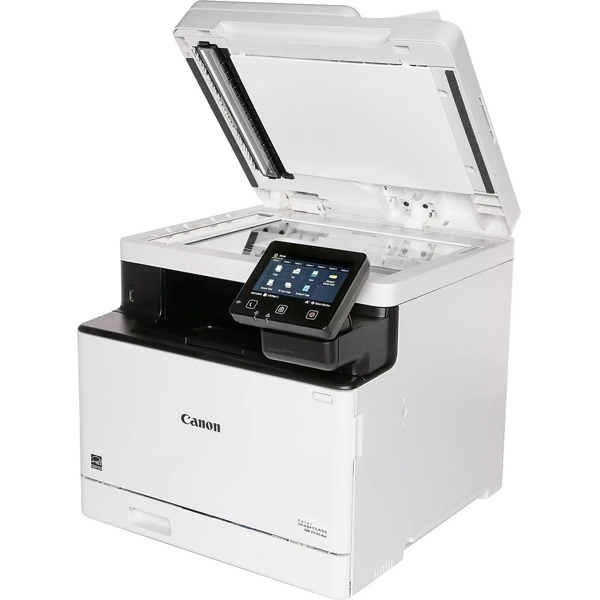 Canon imageCLASS MF753Cdw wireless color laser printer with touchscreen control panel and multiple paper trays.