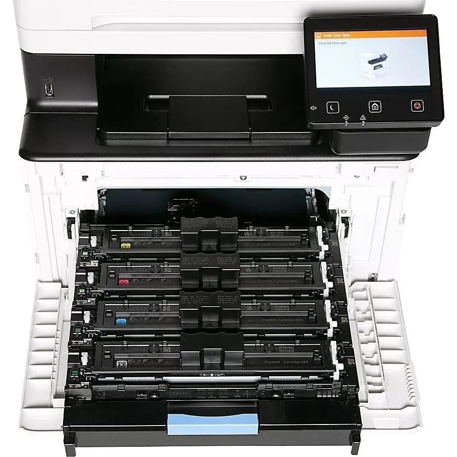 Wireless color laser printer from Canon imageCLASS MF753Cdw with multiple paper trays and touchscreen control panel.