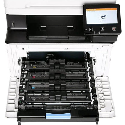 Wireless color laser printer from Canon imageCLASS MF753Cdw with multiple paper trays and touchscreen control panel.