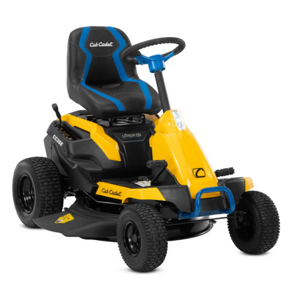 Casavibeo Cub Cadet CC30E riding lawn mower with 30-inch cutting deck and ergonomic design, shown from a side angle.