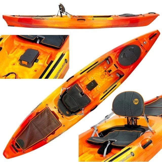 Casavibeo Wilderness Systems Tarpon 120 kayak on water, featuring durable hull, adjustable seat, and paddle for outdoor kayaking.