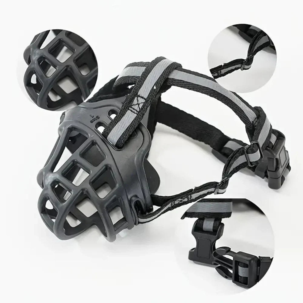 Close-up of BowLift Dog Muzzle showing adjustable straps, breathable design, and anti-bite safety features on a black muzzle.