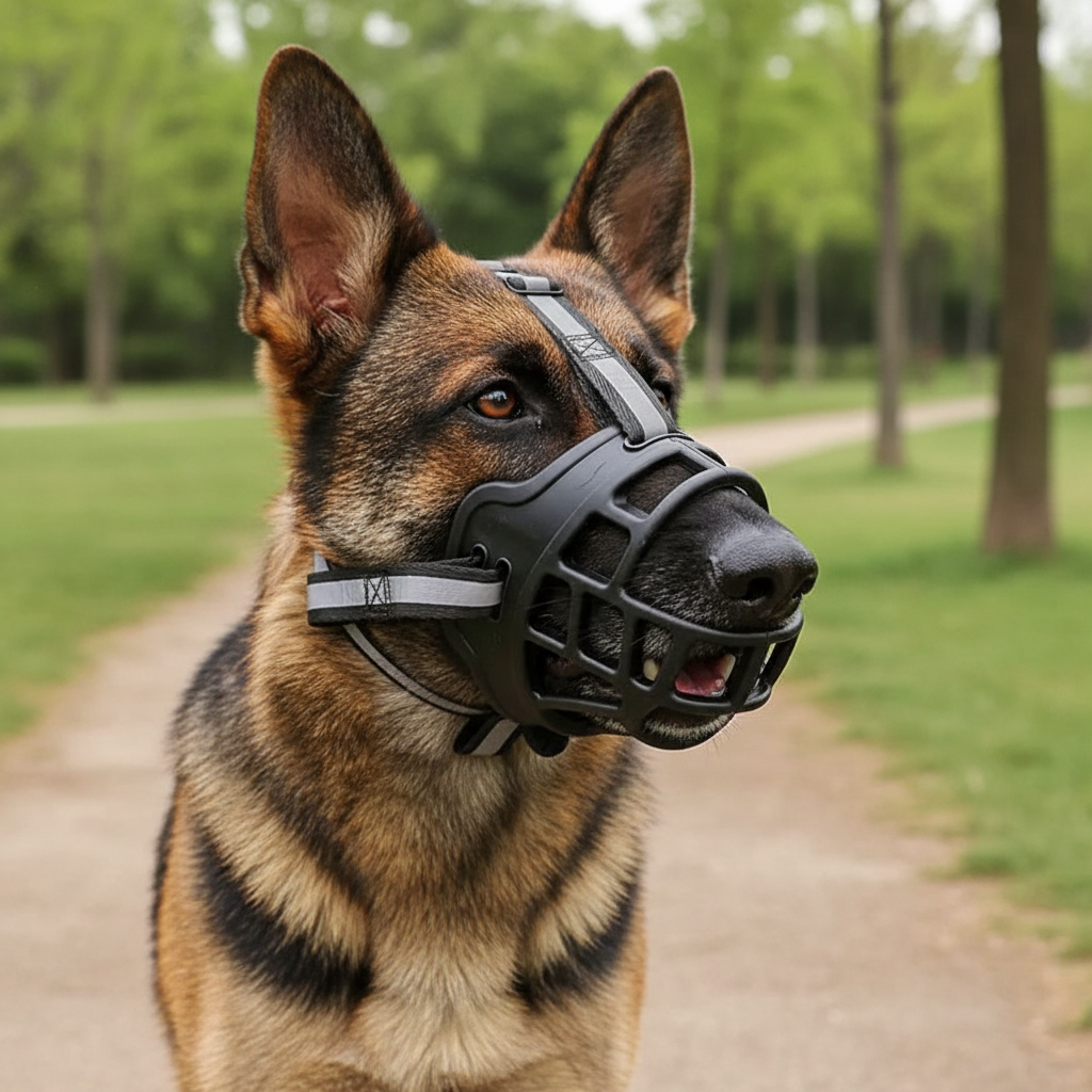 BowLift adjustable dog muzzle, breathable and anti-bite safety design, shown on a dog for secure fitting and comfort.
