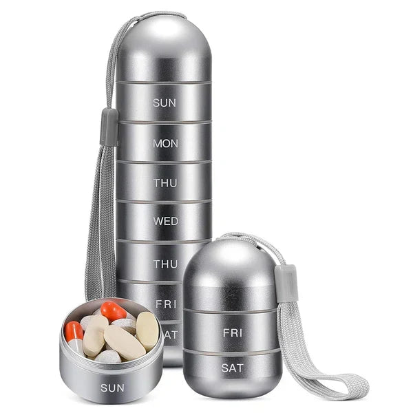 Belro aluminum 7-day portable pill organizer for travel, compact health and beauty pill box with multiple compartments.