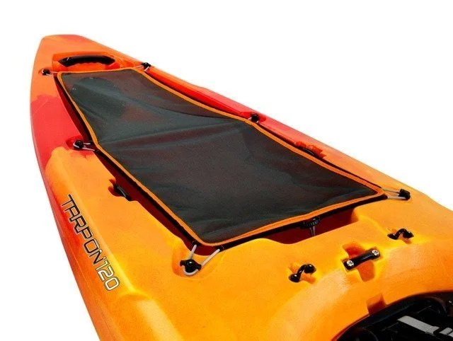 Casavibeo Wilderness Systems Tarpon 120 kayak on water, featuring a sit-on-top design with adjustable seating and paddle accessories.