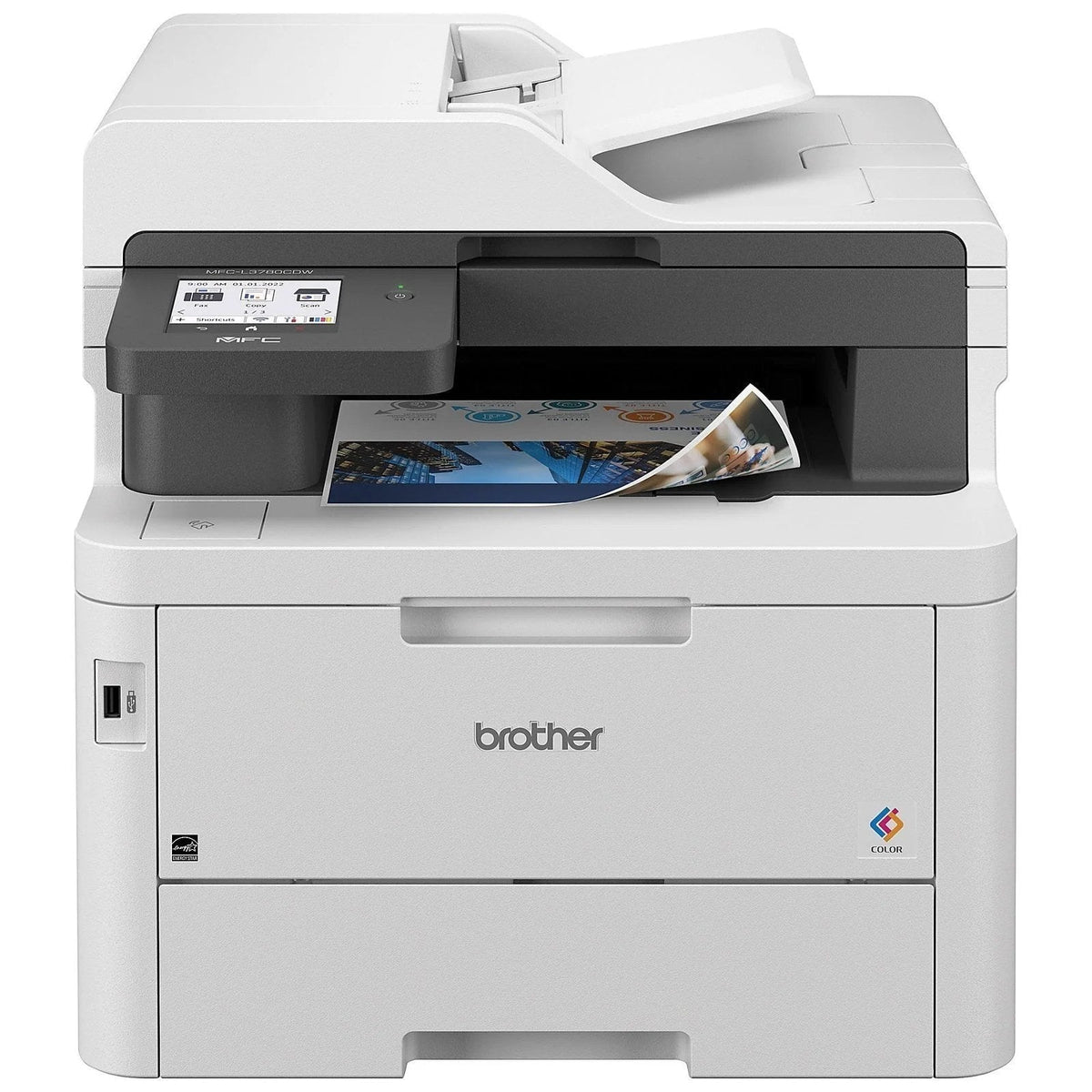 Brother MFC-L3780CDW wireless laser color printer with multiple paper trays and control panel, brand Casavibeo.