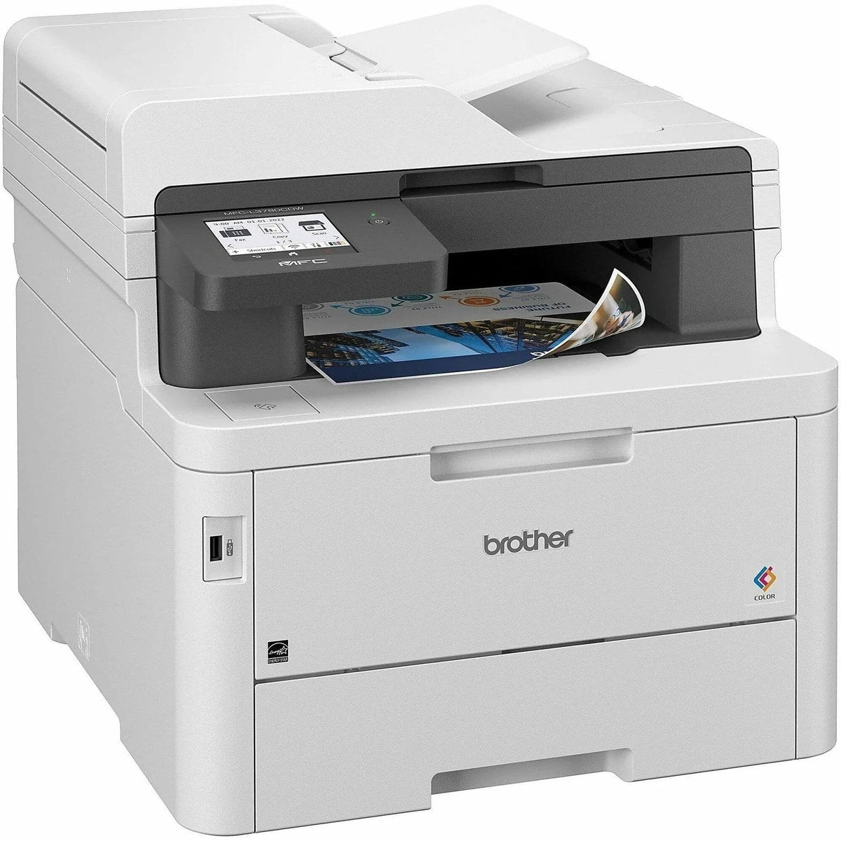 Wireless laser color printer from Brother MFC-L3780CDW by Casavibeo, showing the front view with paper tray and control panel.